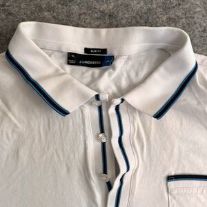 J Lindeberg Polo Shirt Men’s XL SLIM Fit White Blue Trim Short Sleeve Stain READ